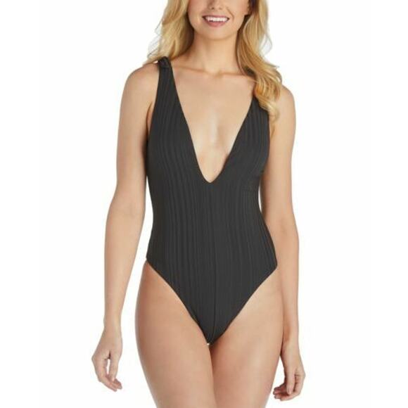 Raisins Juniors' Beach Cove Cheeky Textured Plunging One-Piece Black L Large New - Picture 1 of 6
